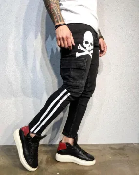 Skull Printed Cargo Pocket Ultra Skinny Fit Denim B331 Streetwear Jeans