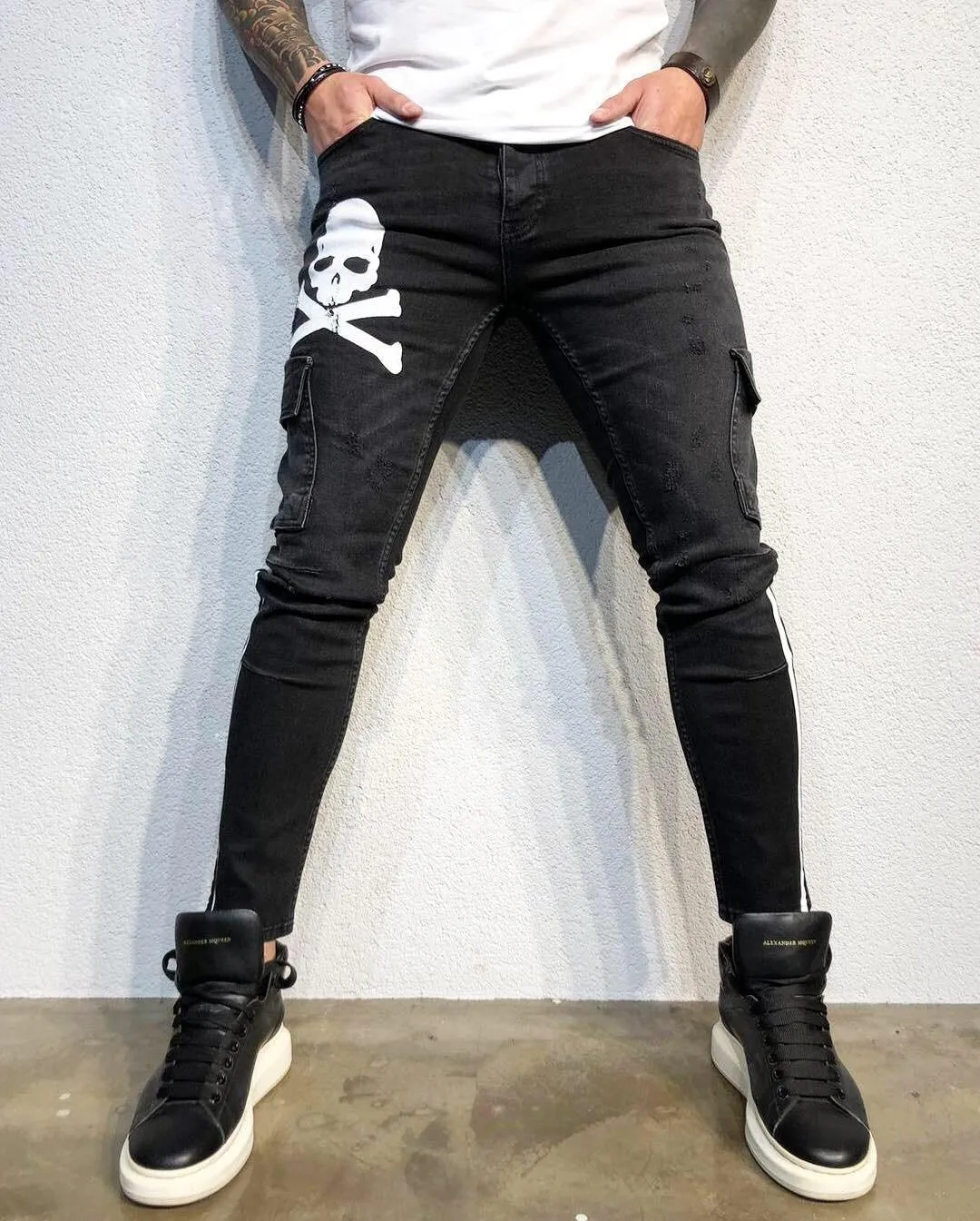 Skull Printed Cargo Pocket Ultra Skinny Fit Denim B331 Streetwear Jeans