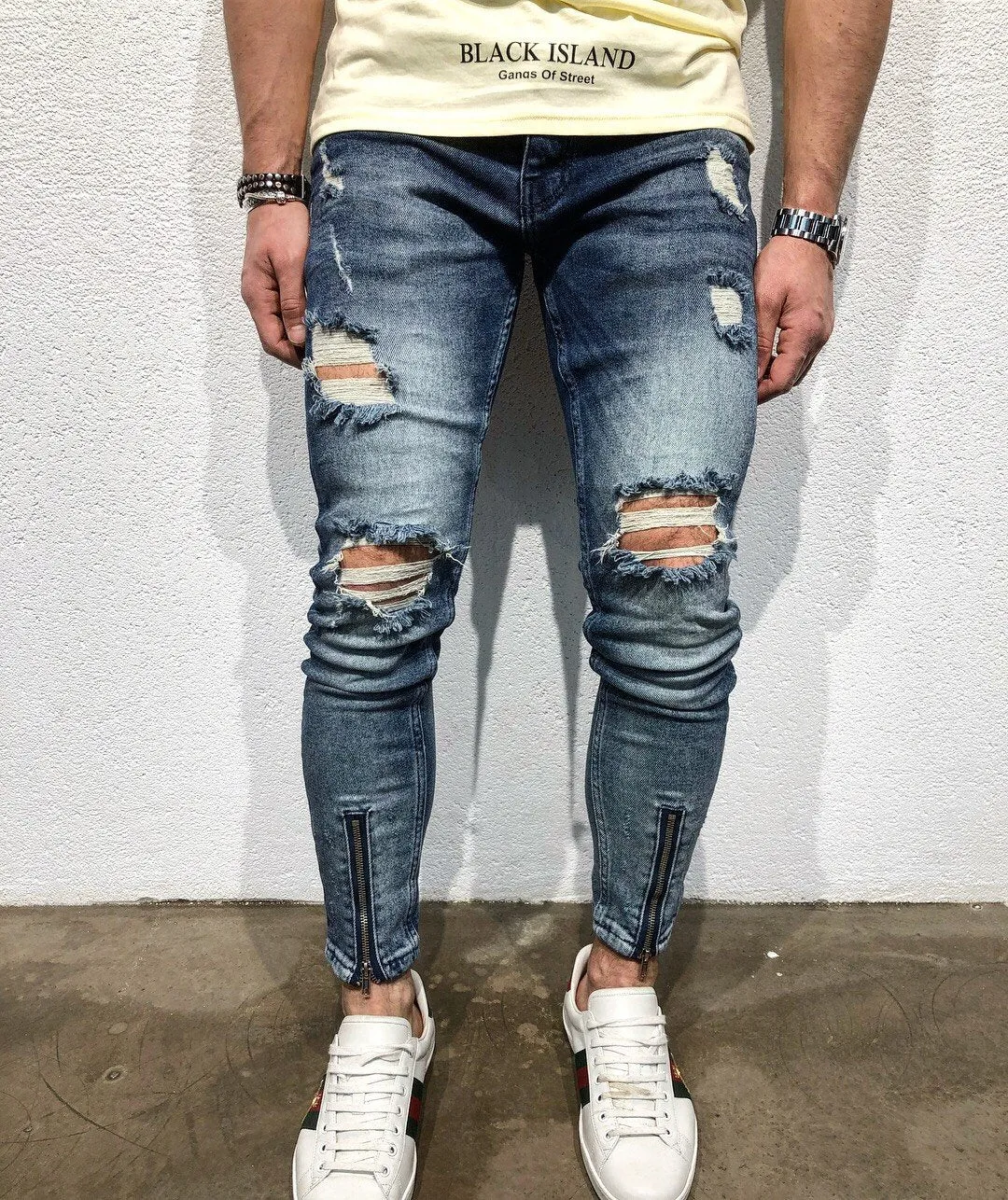 Sneakerjeans Blue Front Zipper Ripped Jeans B90