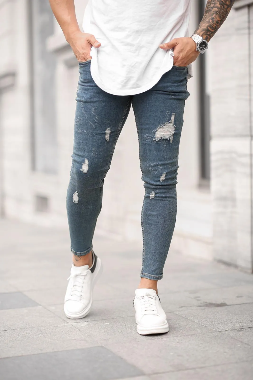 Sneakerjeans Blue Skinny Ripped Jeans DP44