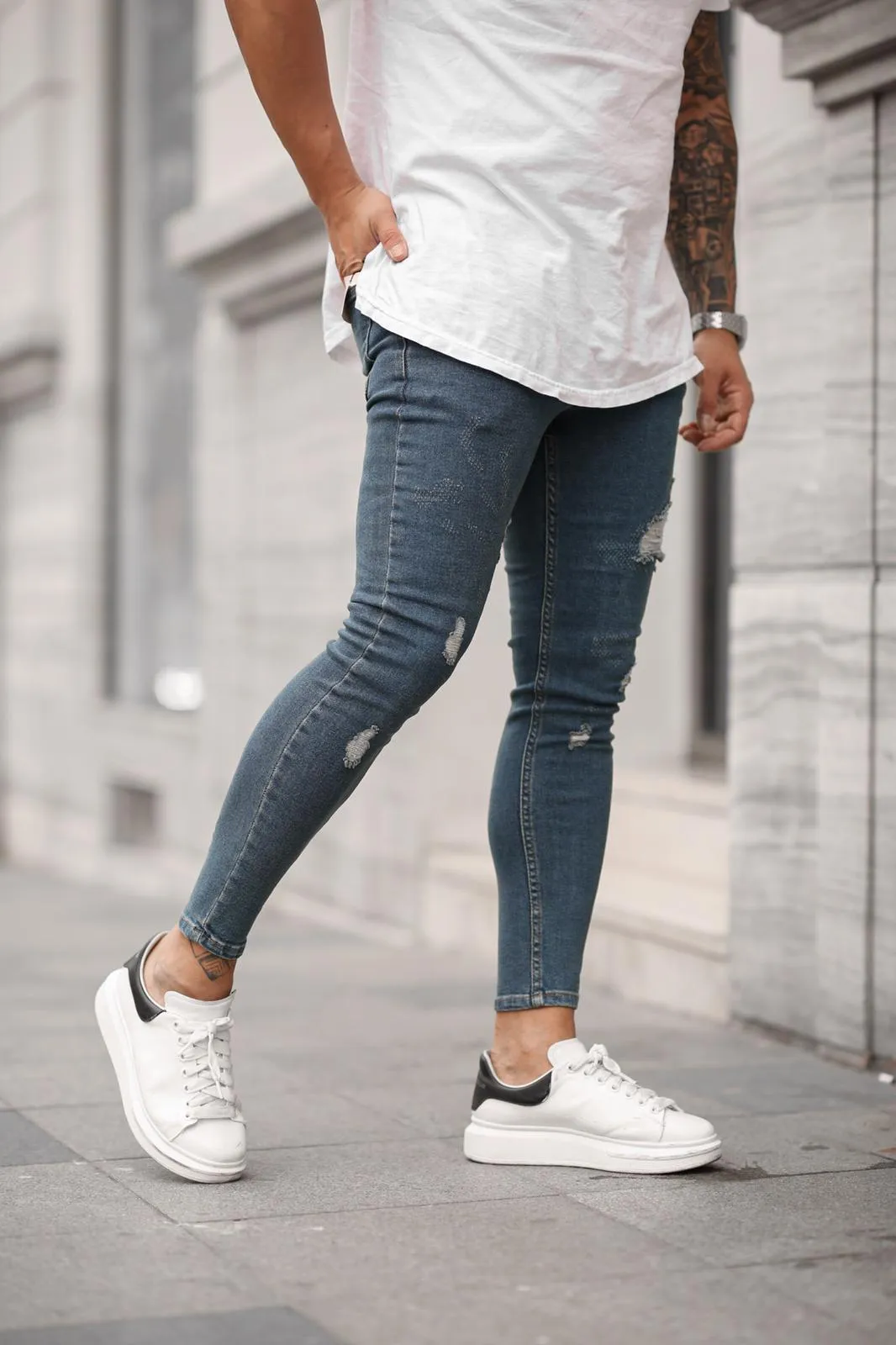 Sneakerjeans Blue Skinny Ripped Jeans DP44