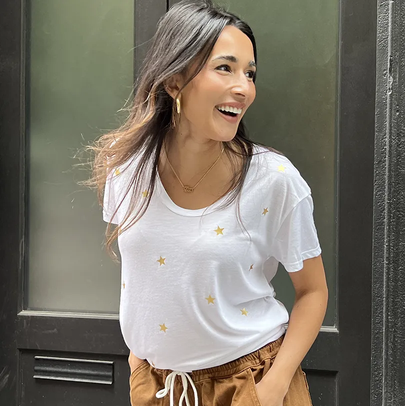 Stacy Buttery Soft White T-Shirt - Gold Foil Stars