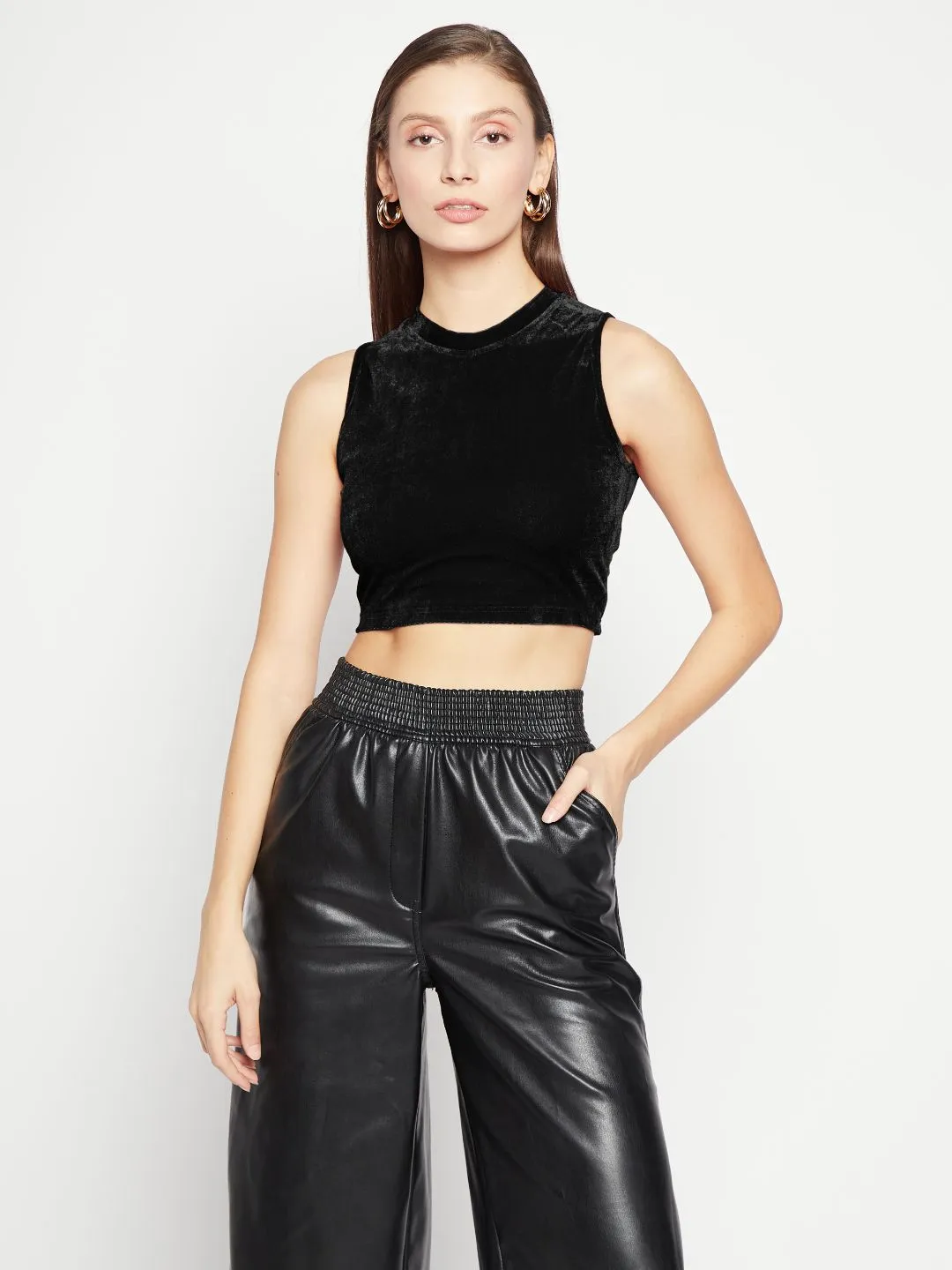 Stretchable Velvet High Neck Crop Top