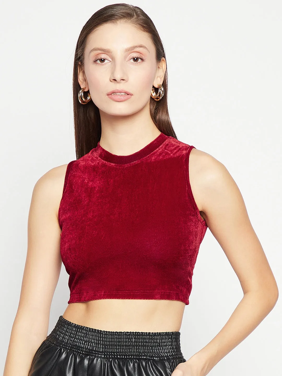 Stretchable Velvet High Neck Crop Top