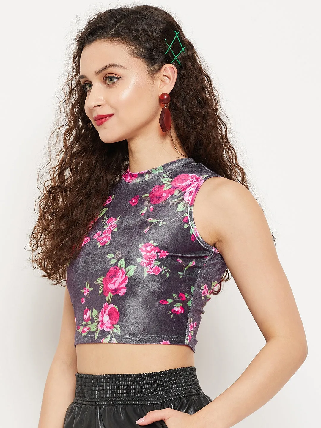 Stretchable Velvet High Neck Crop Top