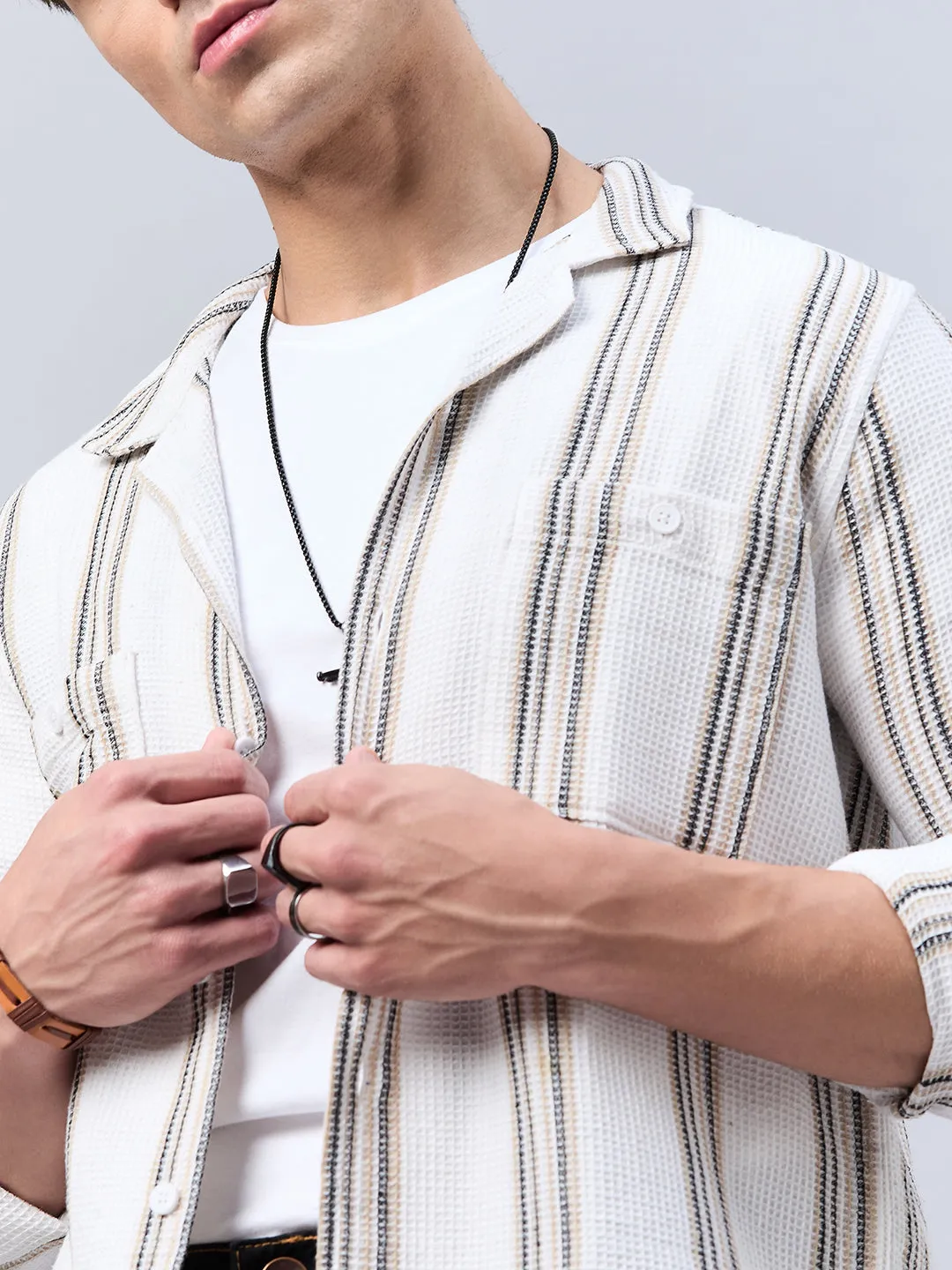 Style Quotient Mens Off white Stripe solid Shirt