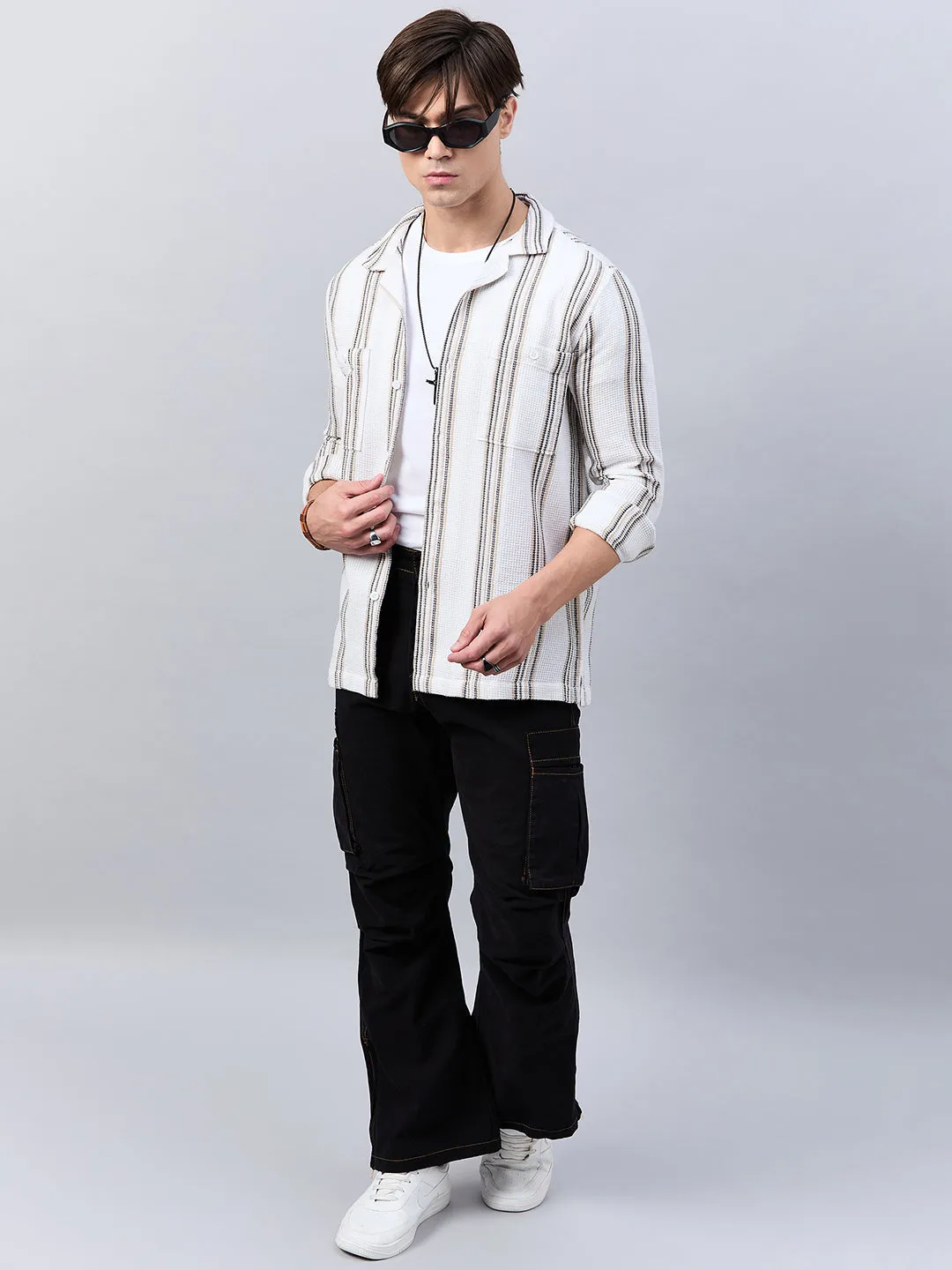 Style Quotient Mens Off white Stripe solid Shirt