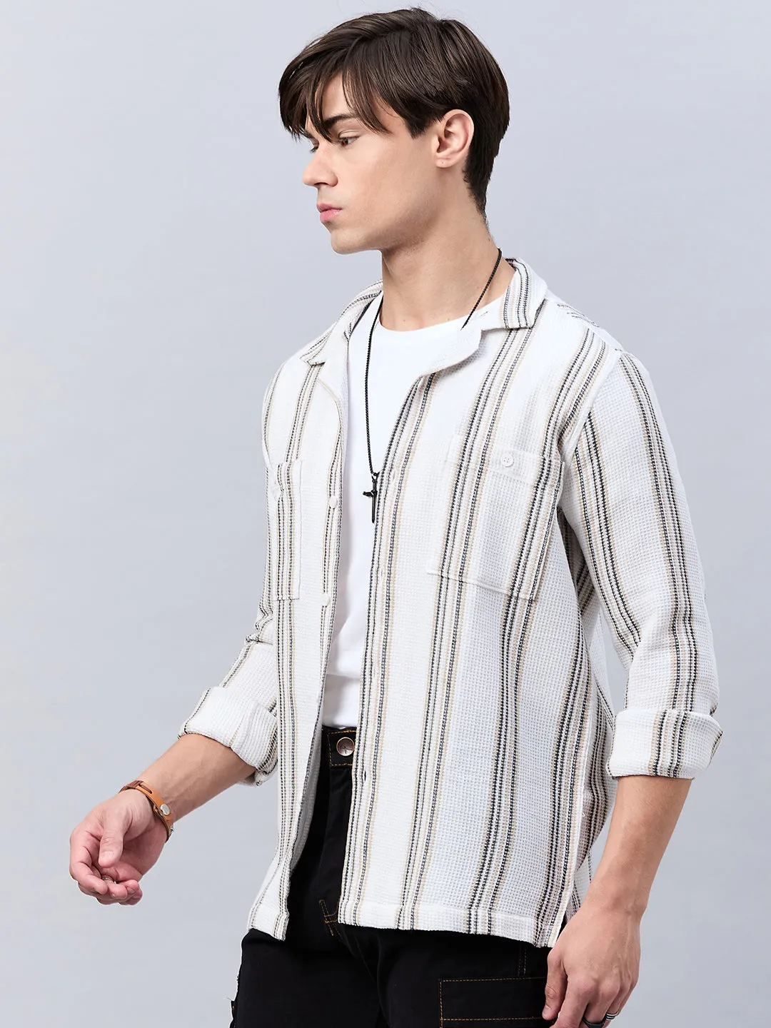 Style Quotient Mens Off white Stripe solid Shirt