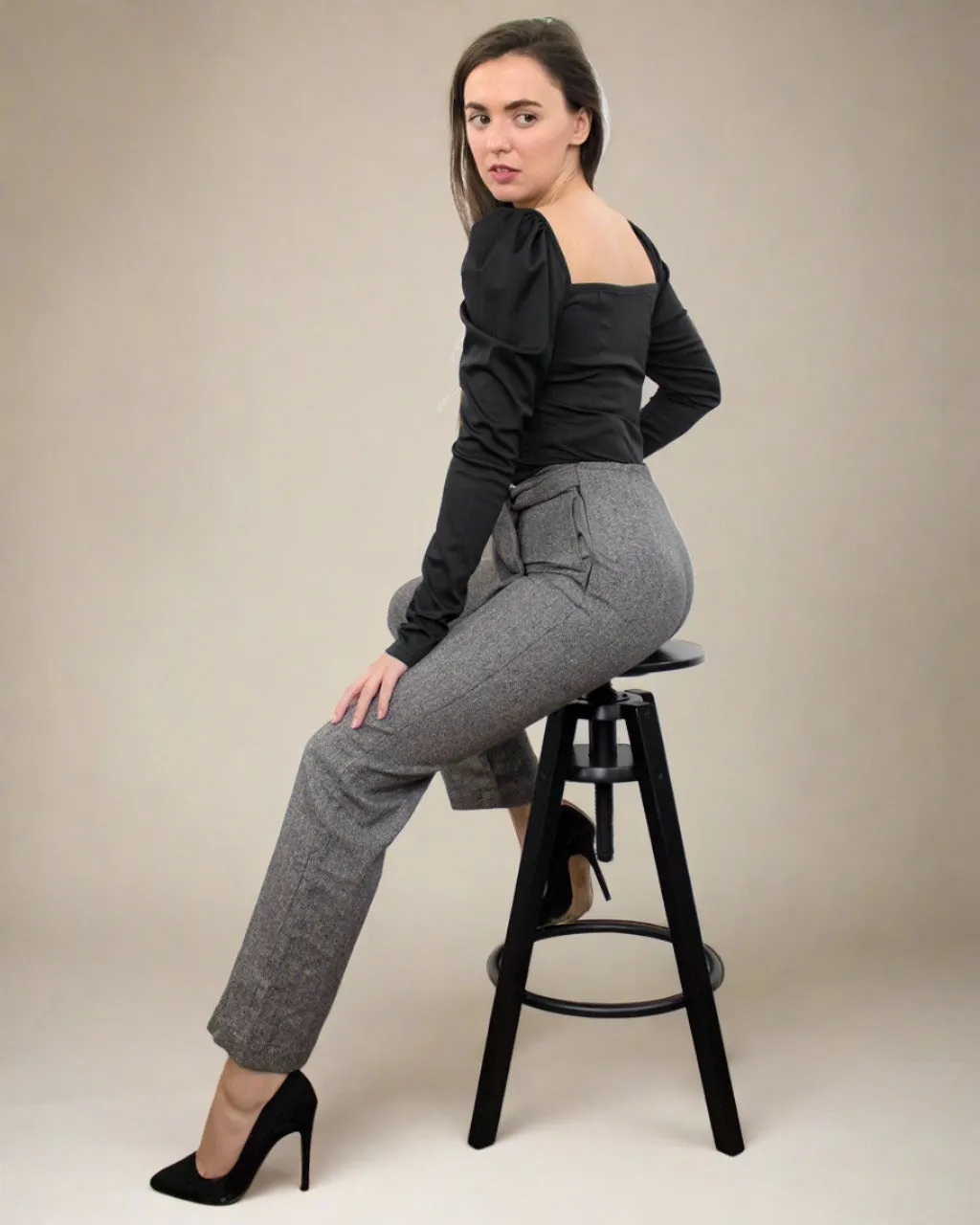 Thai Grey Trousers Women - Tailored High Waist Trousers with Pockets and Bow