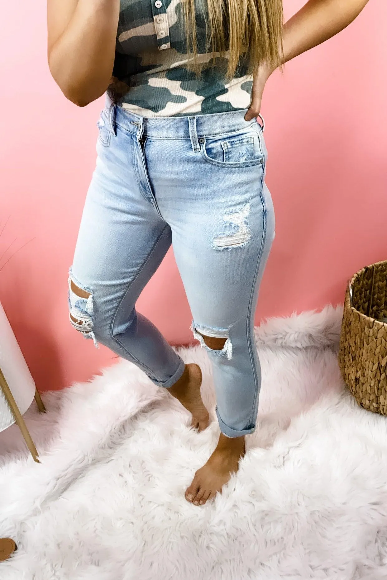 The Miley's- Light Wash High Rise Distressed Boyfriend Jeans