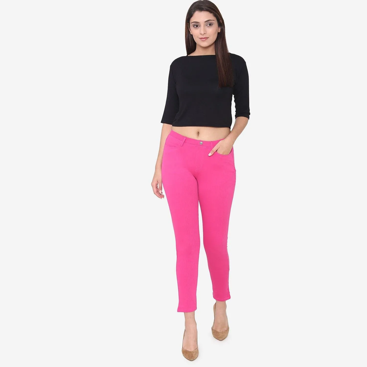 Vami Women's  Cotton Stretchable Jeggings - Magic Pink