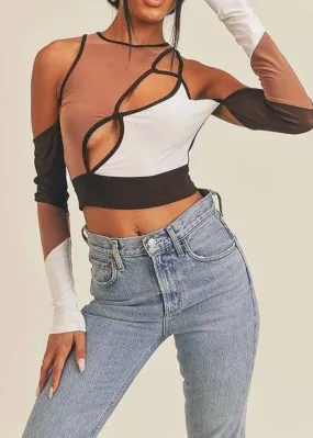 WinWin Long Sleeve Crop Top (Brown/White) WT13582