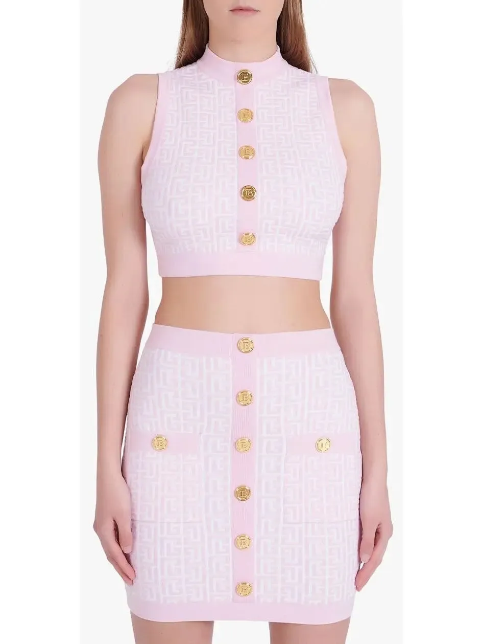 Women’s Bicolor Jacquard Crop Top with Monogram Print, Pink