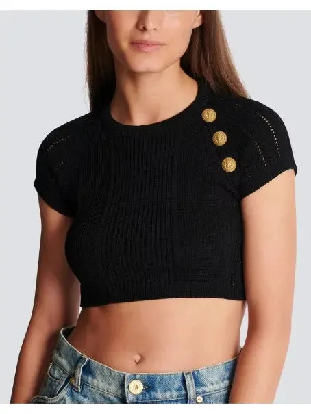 Women’s Button-Detail Black Crop Top