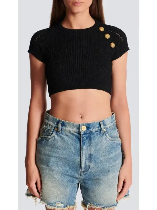 Women’s Button-Detail Black Crop Top