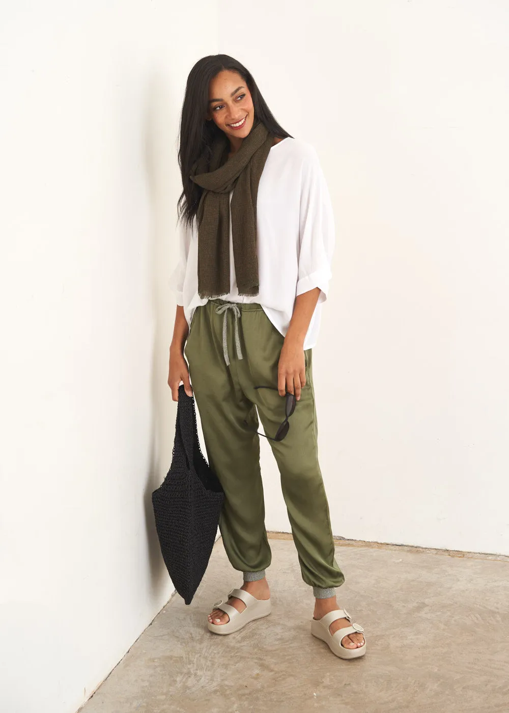 ZENA SATIN TROUSERS - KHAKI